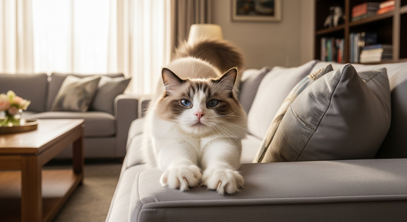 Ragdoll confortablement installé sur un canapé en appartement