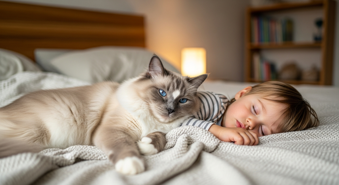 Ragdoll allongé près d un enfant endormi