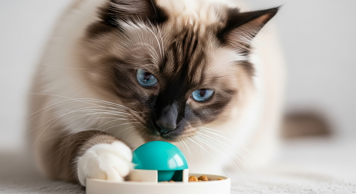 Ragdoll explorant un jouet puzzle d enrichissement