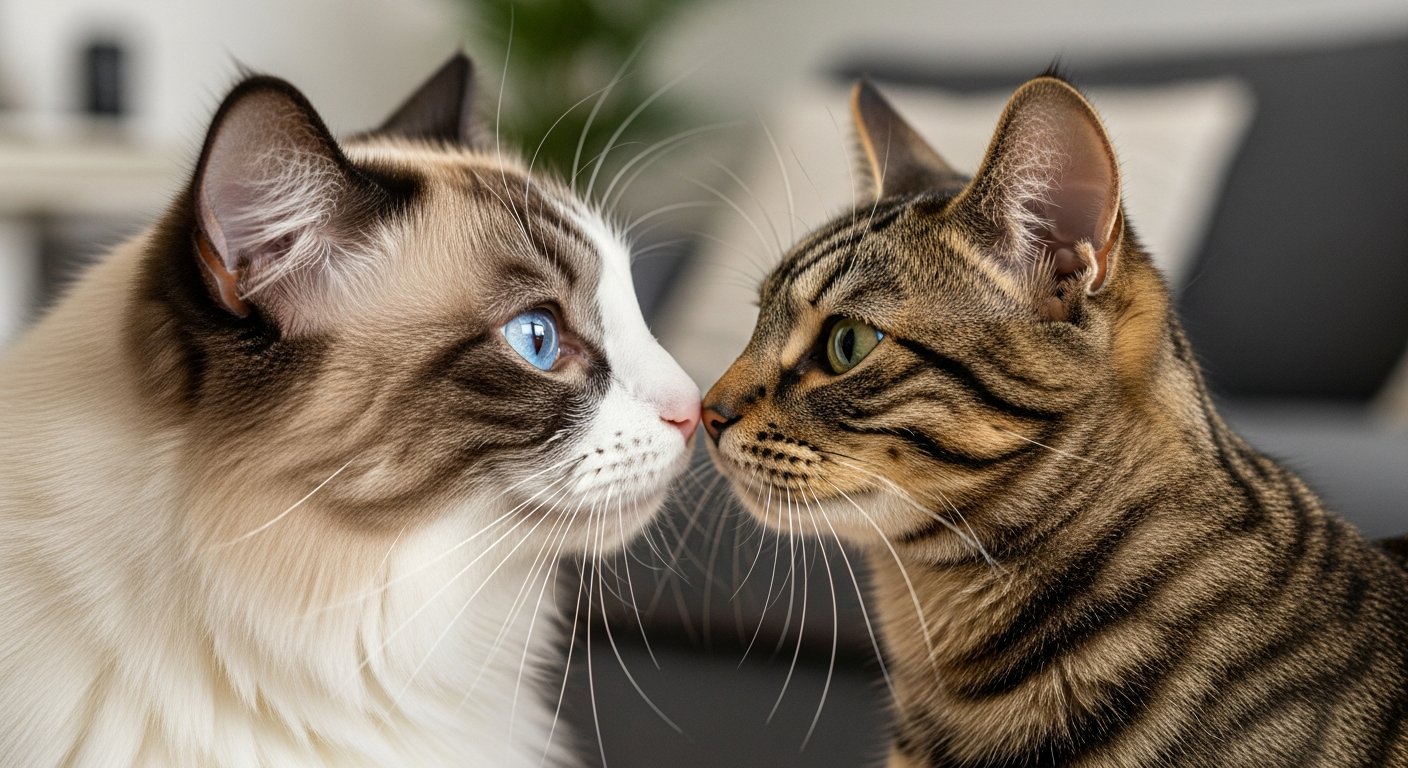 Ragdoll faisant connaissance avec un autre chat